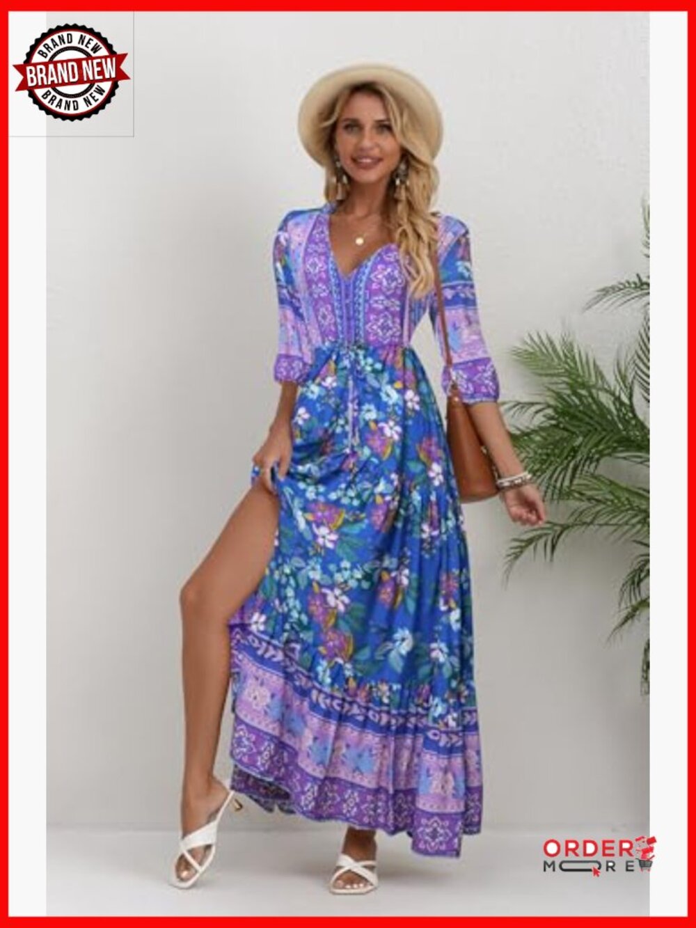 V Neck Floral Print Maxi Dress Bohemian Casual Short Sleeve - Picture 2 of 7